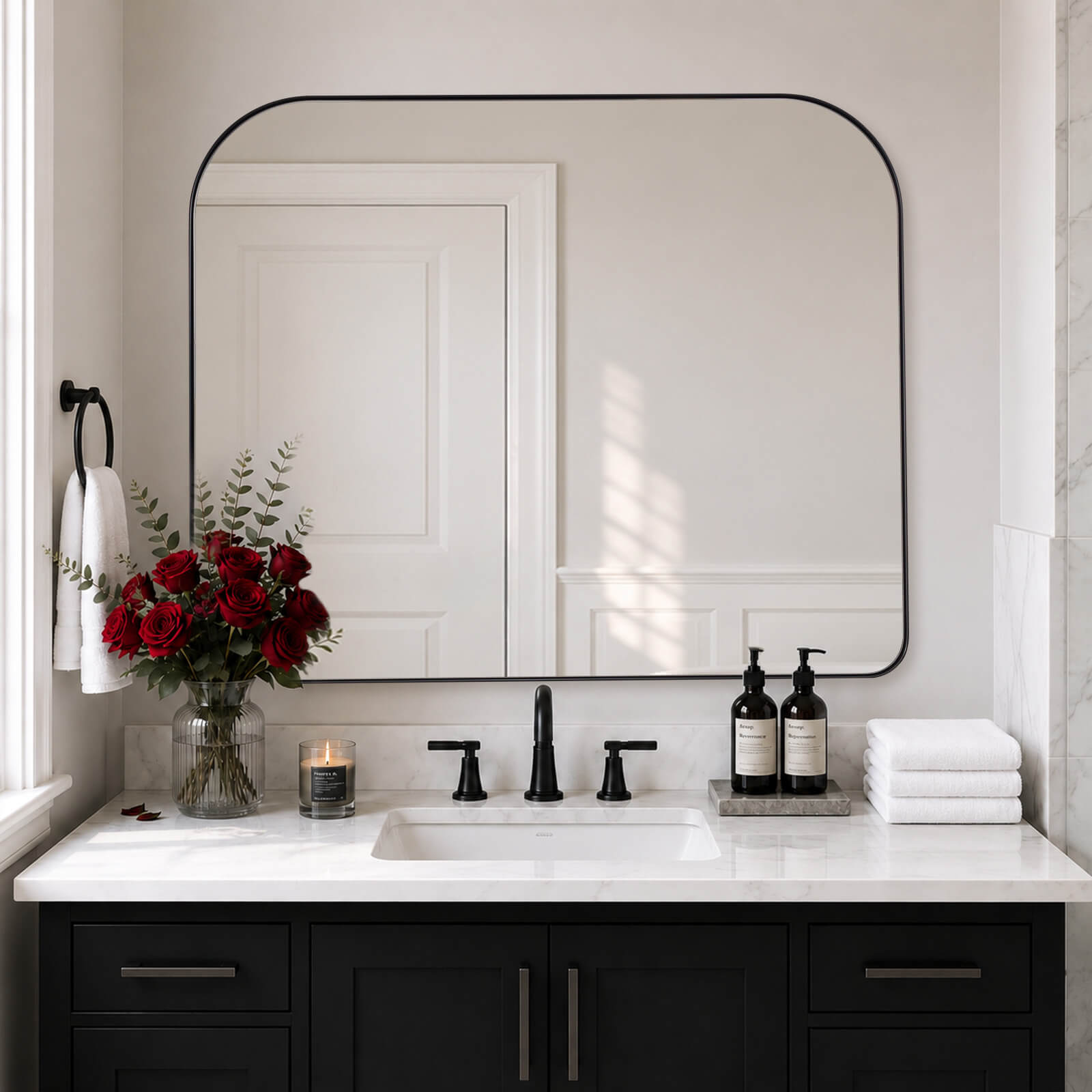 Modern Mantel Wide Arch Rectangle Bathroom Vanity  Mirror | Stainless Steel Frame