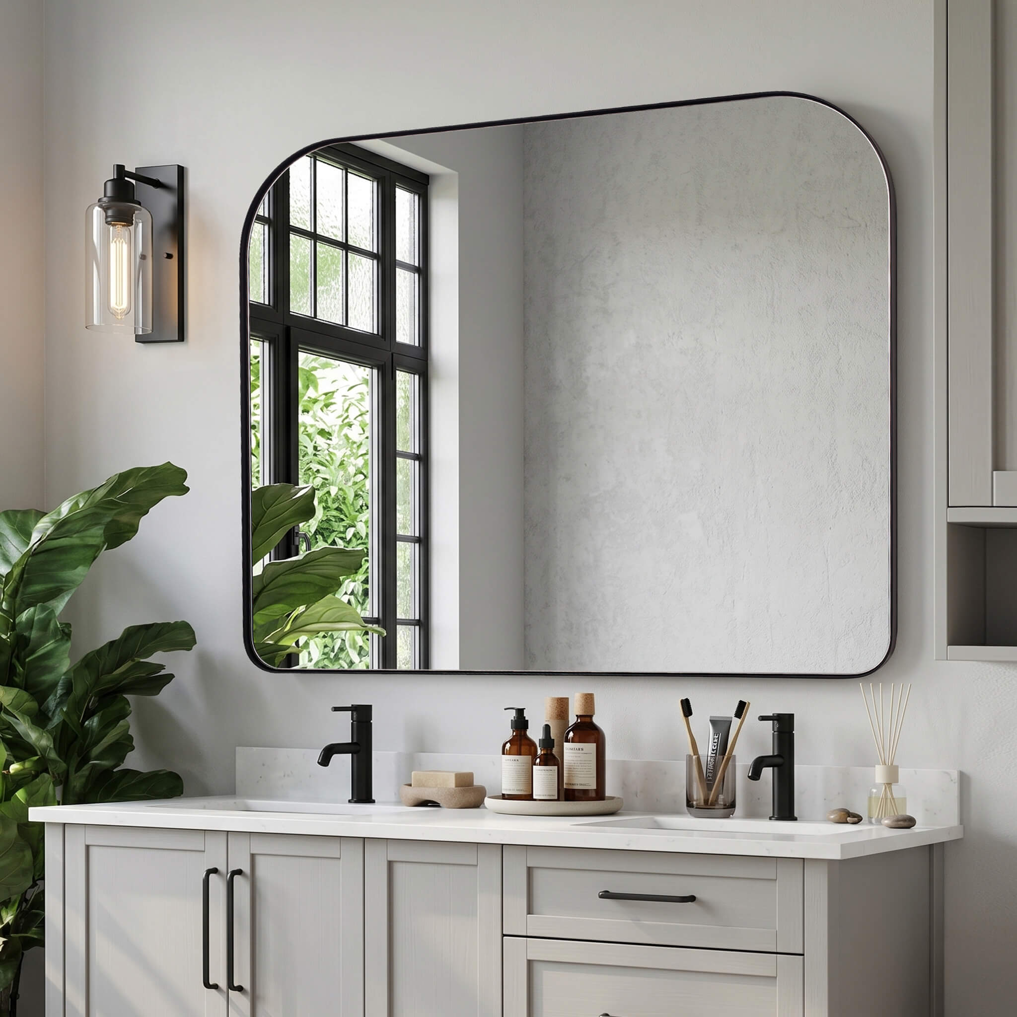Modern Mantel Wide Arch Rectangle Bathroom Vanity  Mirror | Stainless Steel Frame