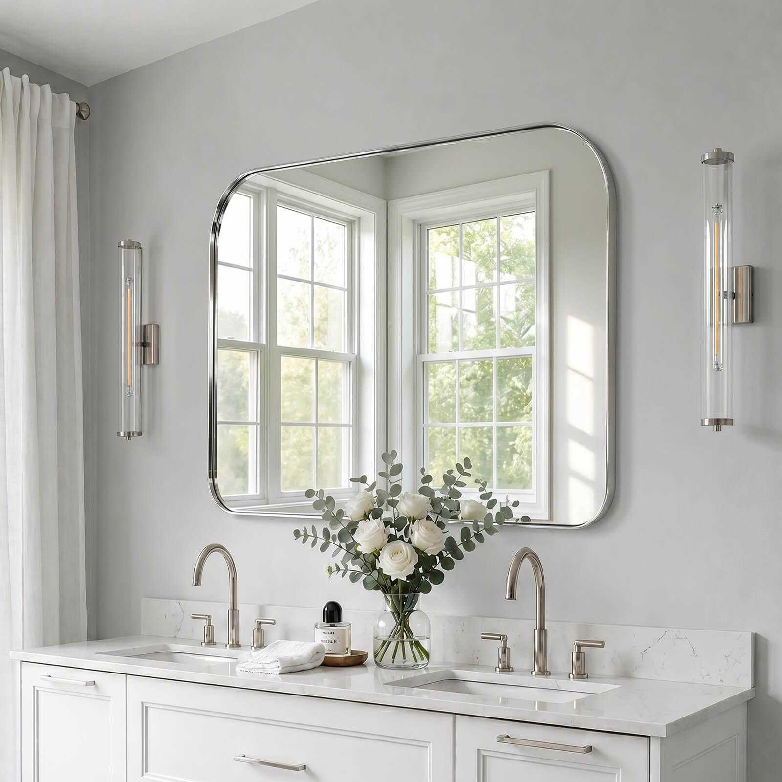 Modern Mantel Wide Arch Rectangle Bathroom Vanity  Mirror | Stainless Steel Frame