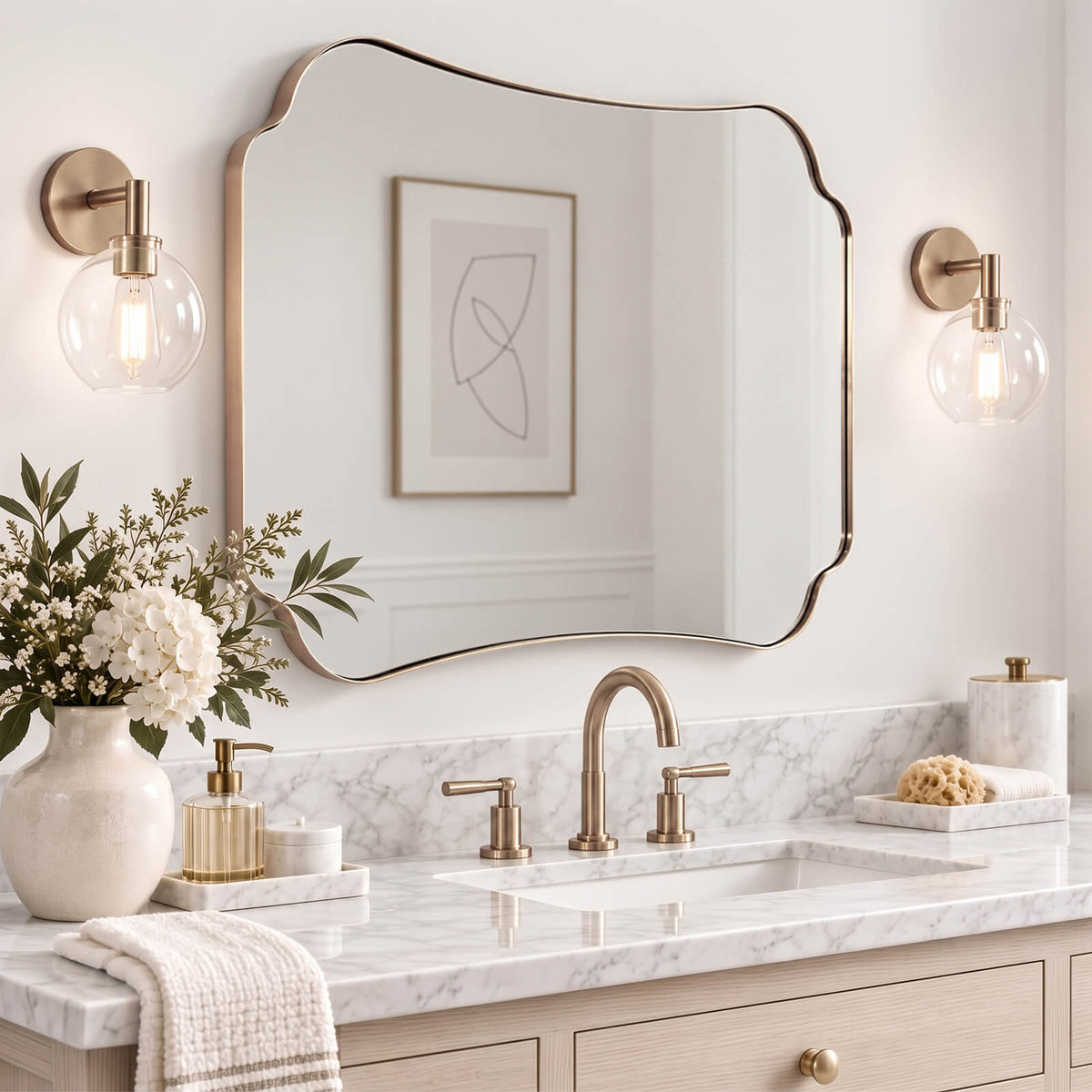Contemporary Cut Corner Concave Edge Scalloped Bathroom Mirror | Stainless Steel Frame