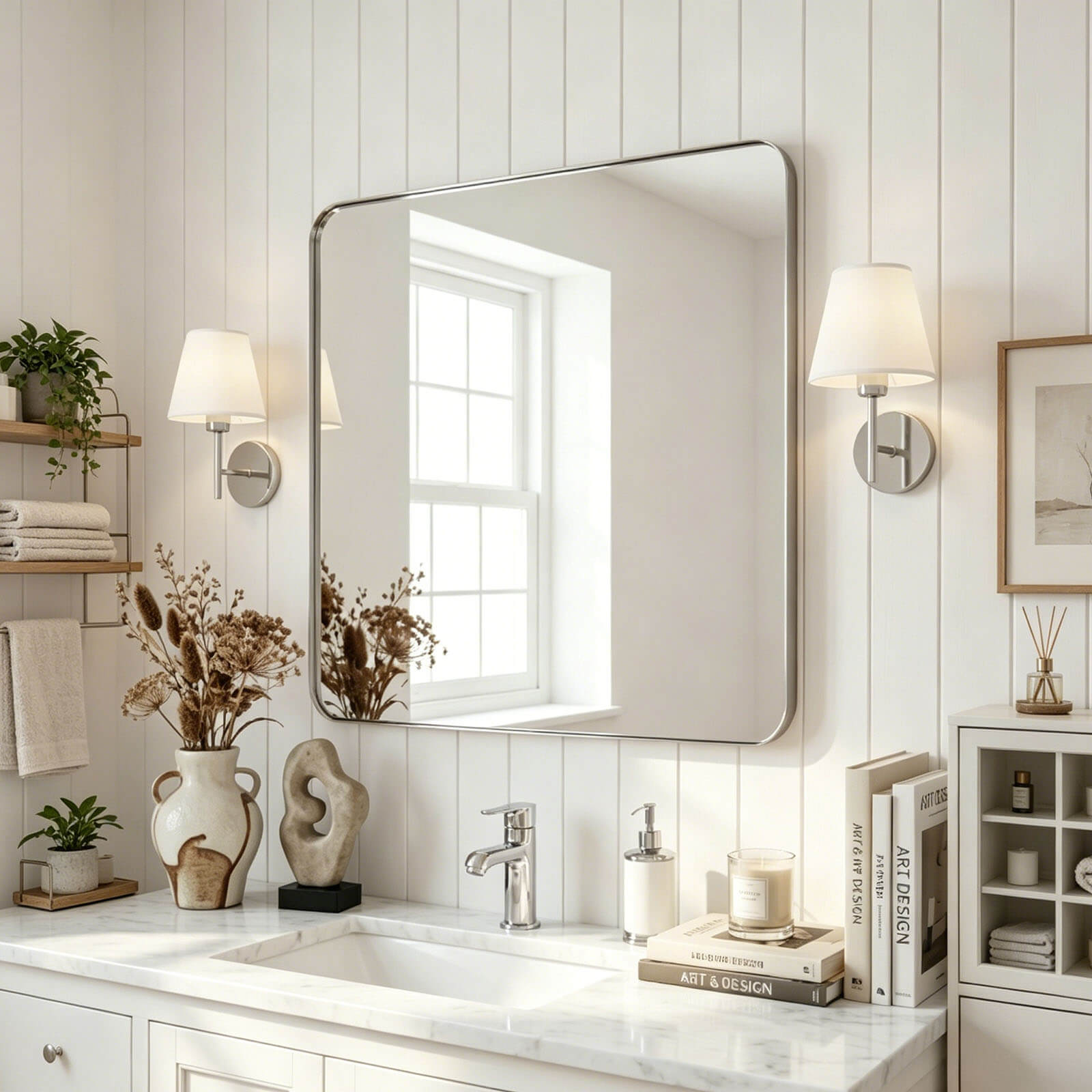 Modern Rounded Rectangle Mirror for Bathroom/ Vanity/ Wall | Stainless Steel Frame
