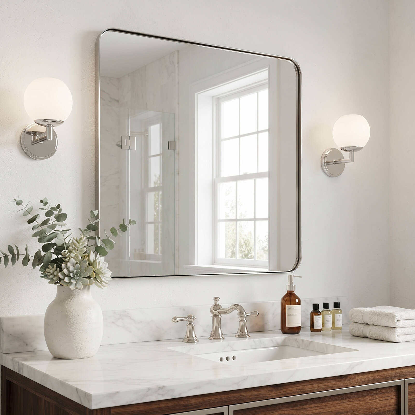 Modern Rounded Rectangle Mirror for Bathroom/ Vanity/ Wall | Stainless Steel Frame