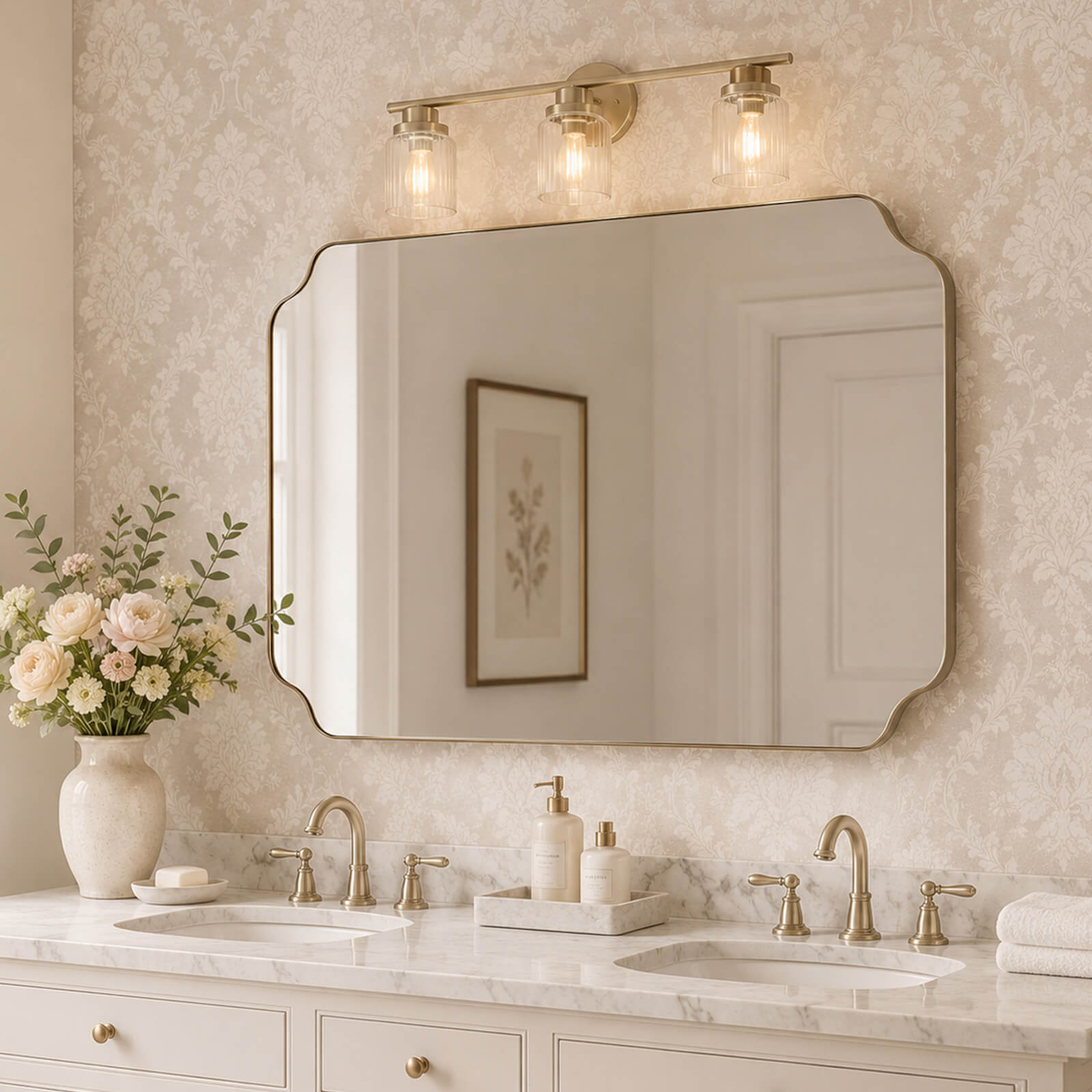 Modern Cut Corner Rectangle Scalloped Mirror for Wall /Bathroom | Stainless Steel Frame