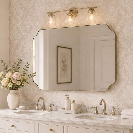 Modern Cut Corner Rectangle Scalloped Mirror for Wall /Bathroom | Stainless Steel Frame