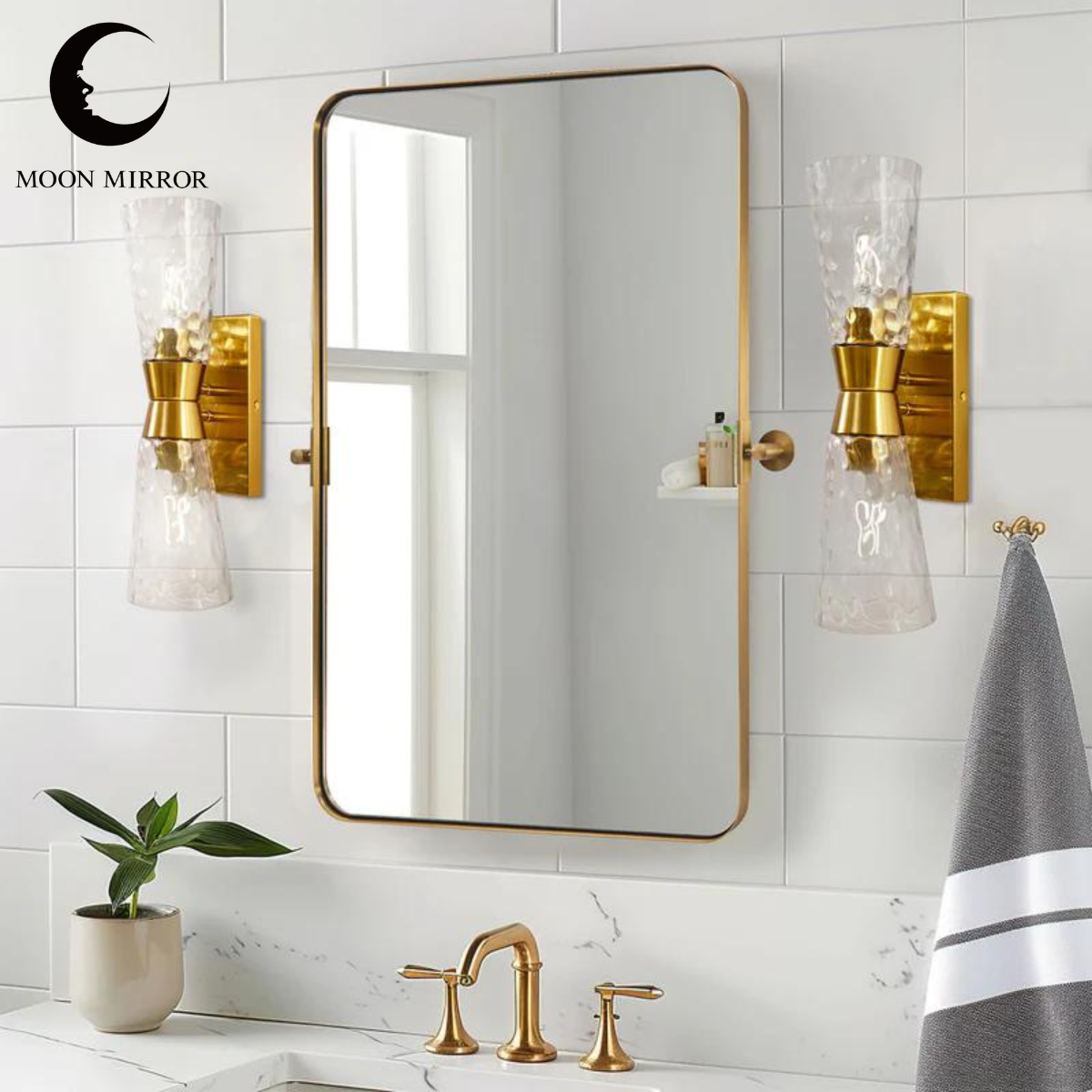 MOON MIRROR Modern Gold Tilting Rectangle Pivot Mirrors for Bathroom with Stainless Steel Frame