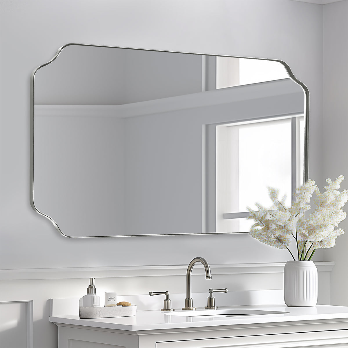 Modern Cut Corner Rectangle Scalloped Mirror for Wall /Bathroom | Stainless Steel Frame