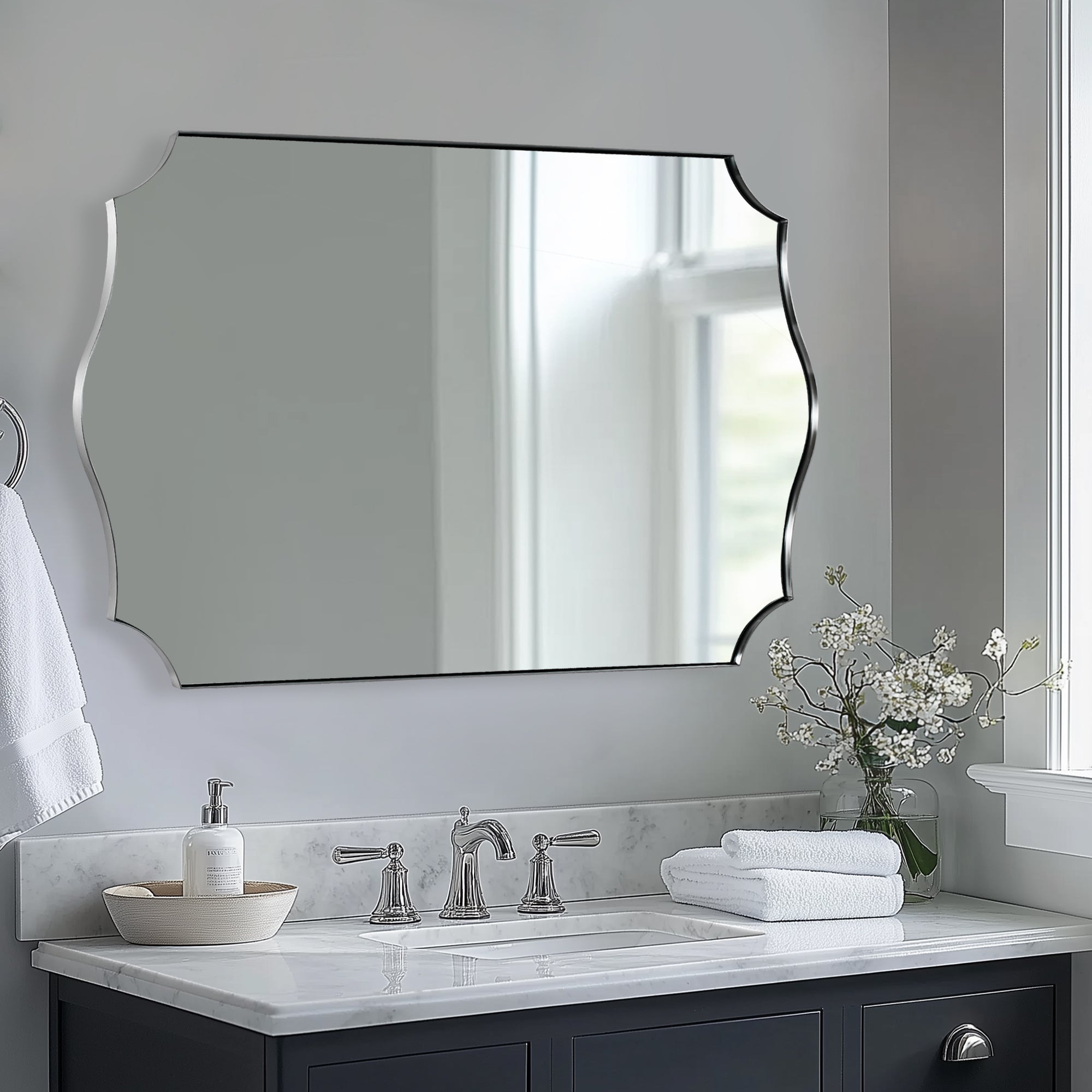 Traditional Rectangle Scalloped  Wall Mirror for Bathroom | Stainless Steel Frame