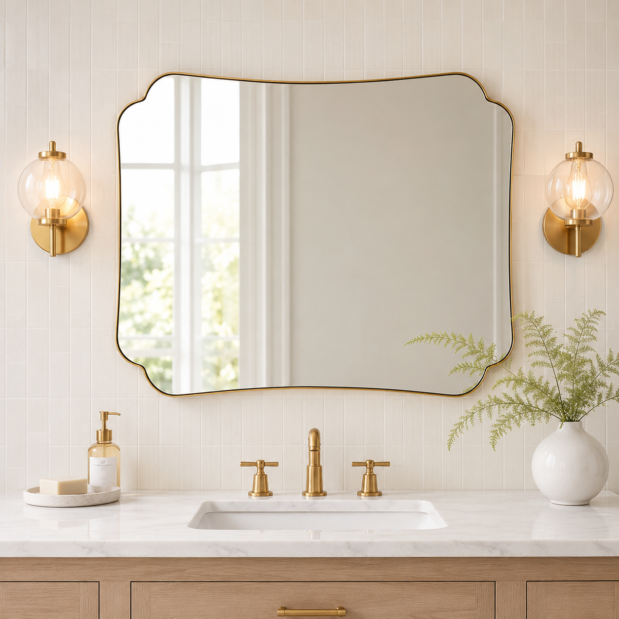 Contemporary Cut Corner Concave Edge Scalloped Bathroom Mirror | Stainless Steel Frame