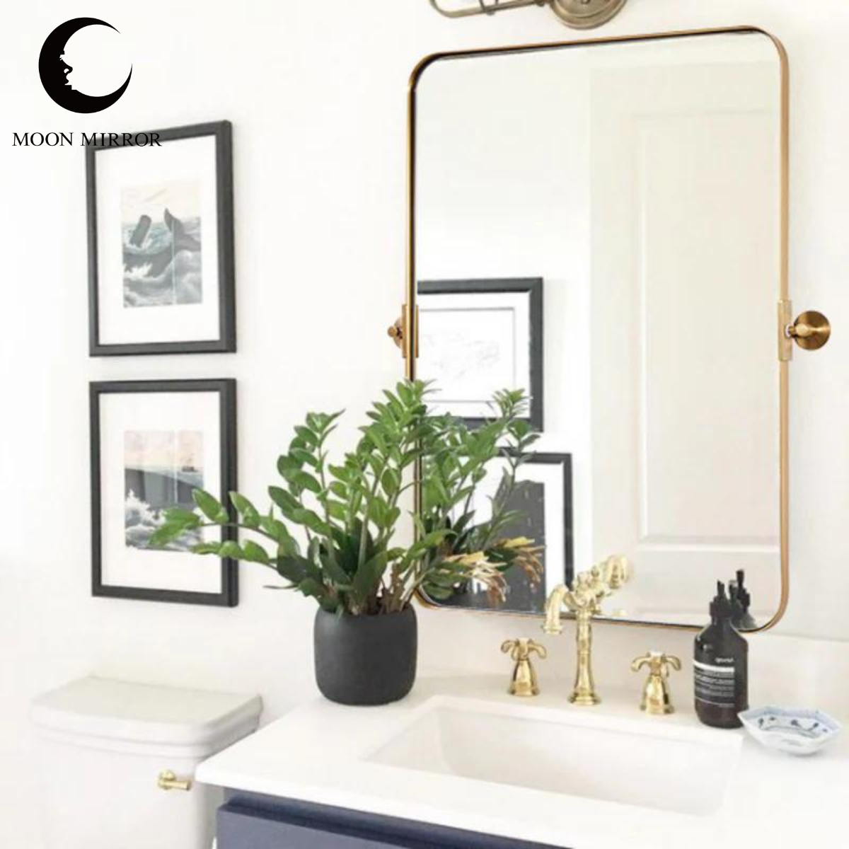 MOON MIRROR Modern Gold Tilting Rectangle Pivot Mirrors for Bathroom with Stainless Steel Frame