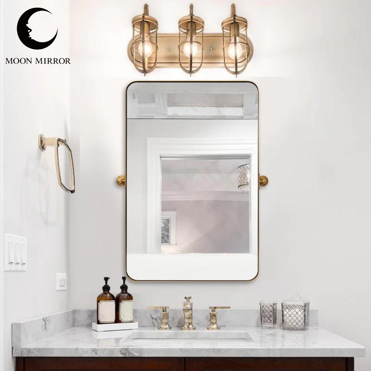 MOON MIRROR Modern Gold Tilting Rectangle Pivot Mirrors for Bathroom with Stainless Steel Frame