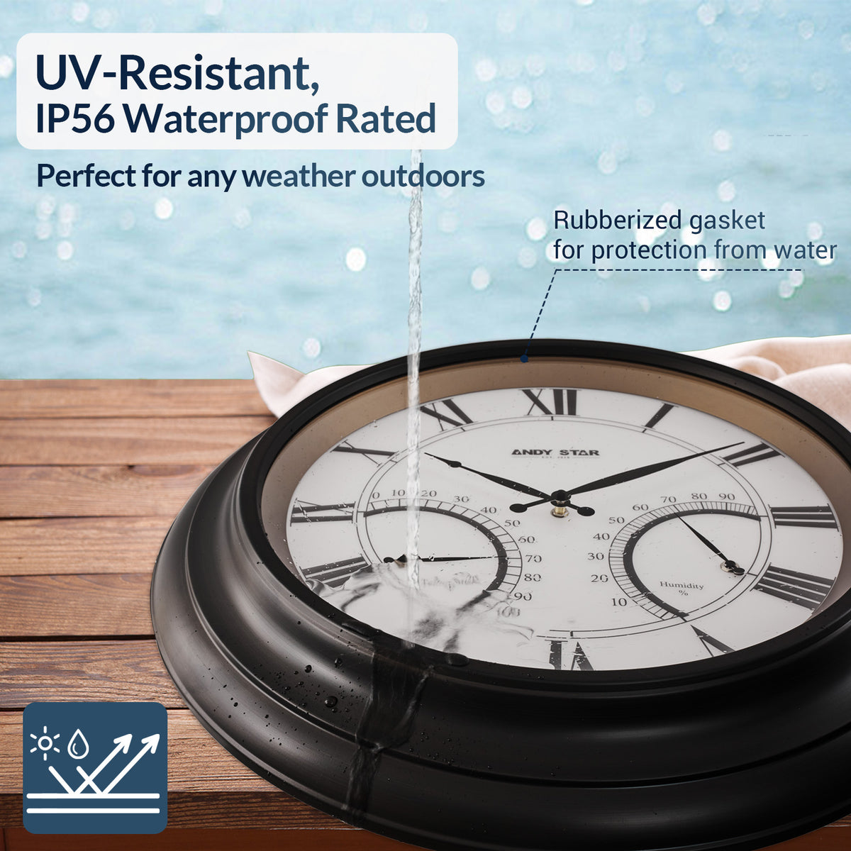 24 Inch Black Waterproof Large Outdoor Wall Clock with Thermometer