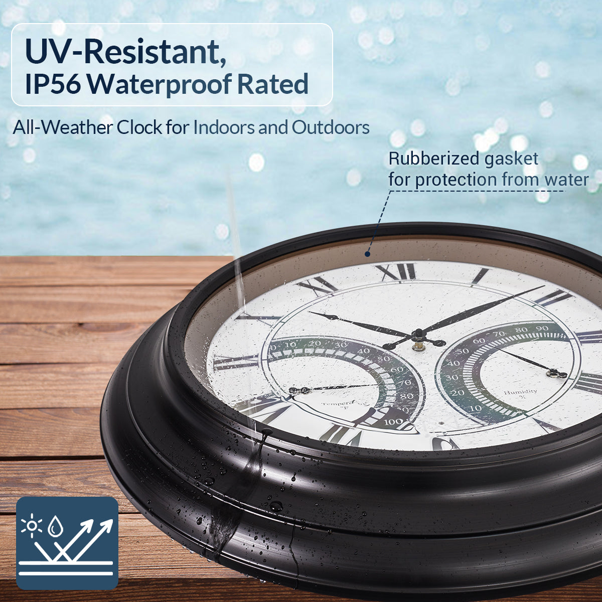 24 Inch Outdoor Wall Clock Large Waterproof Illuminated Clock with Thermometer,Geometric Dial