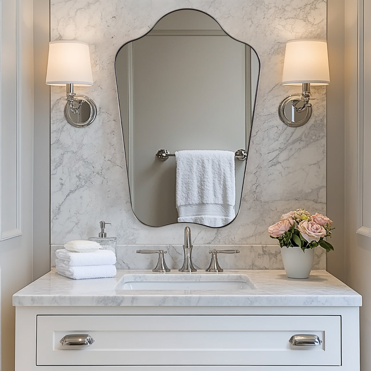 Contemporary Curved Top Arch Scalloped Bathroom Wall Mirror | Stainless Steel Frame