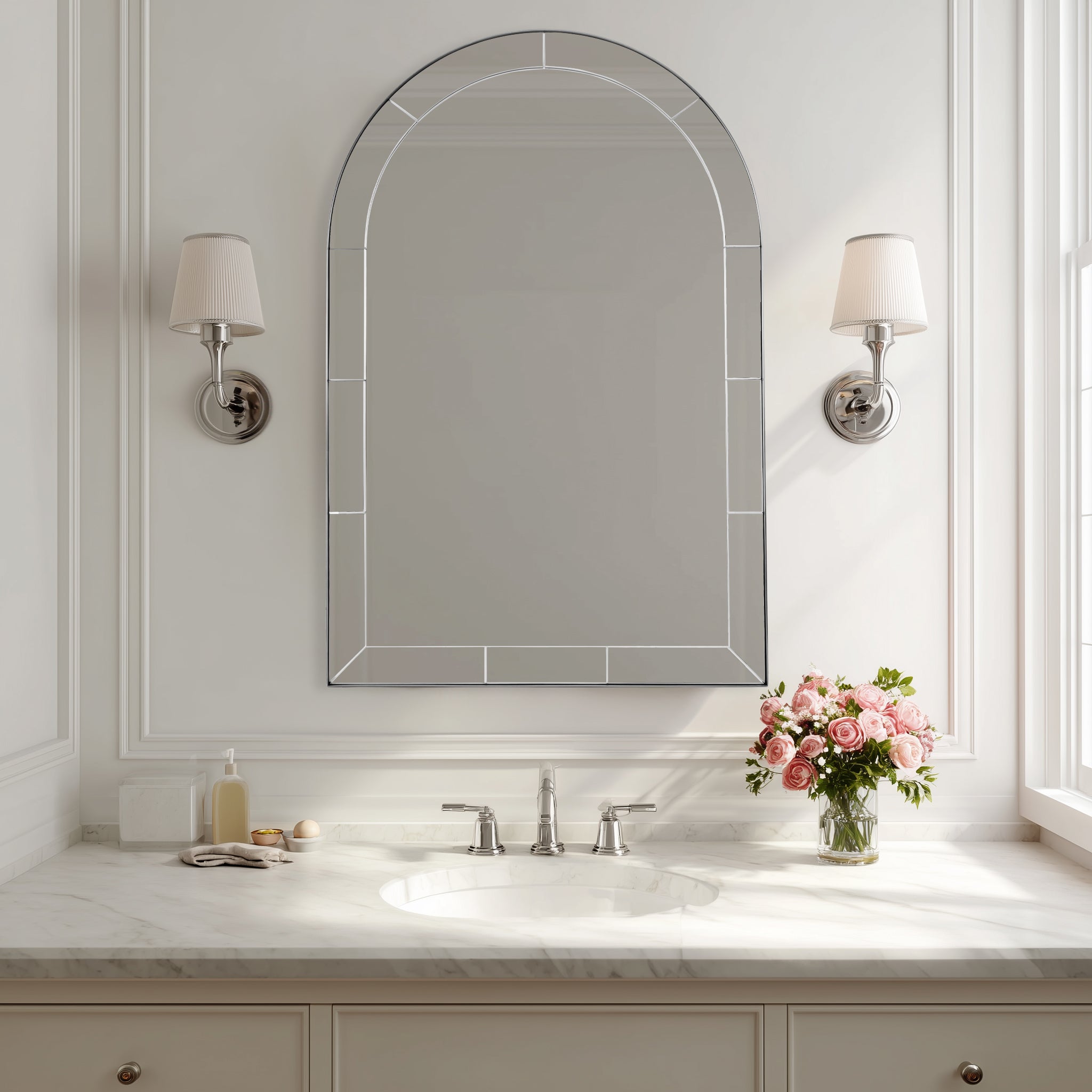 Minuette Glass Tile Edge Arched Mirror Bathroom Vanity Mirror | Stainless Steel Frame
