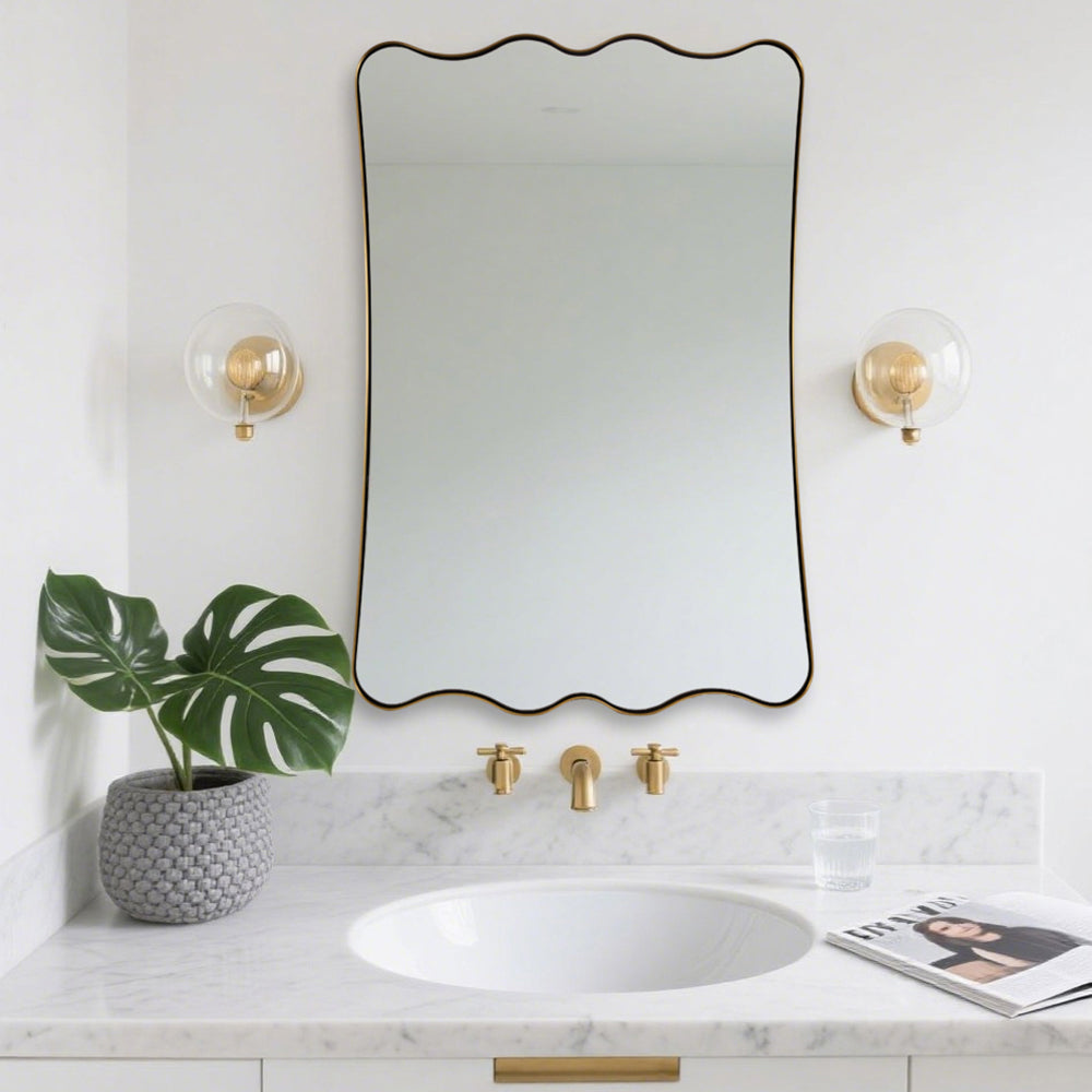 Contemporary Wavy Scalloped Rectangle Mirror Decorative Bathroom Mirror | Stainless Steel Frame