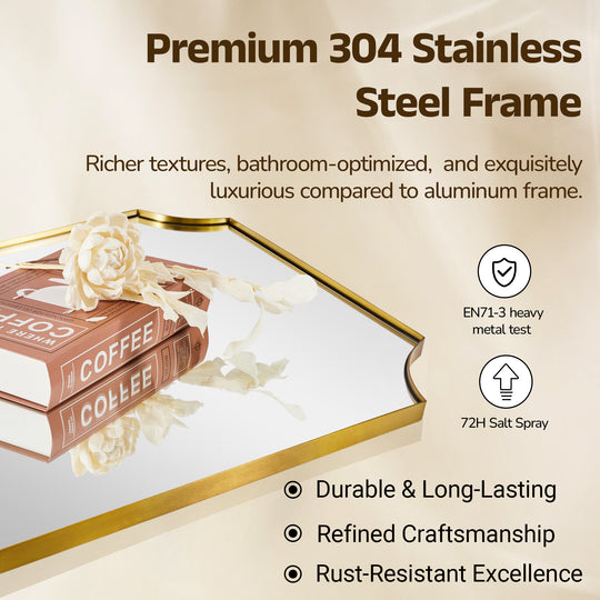 Contemporary Notched Corner Scalloped  Rectangle Bathroom Vanity Mirror | Stainless Steel Frame