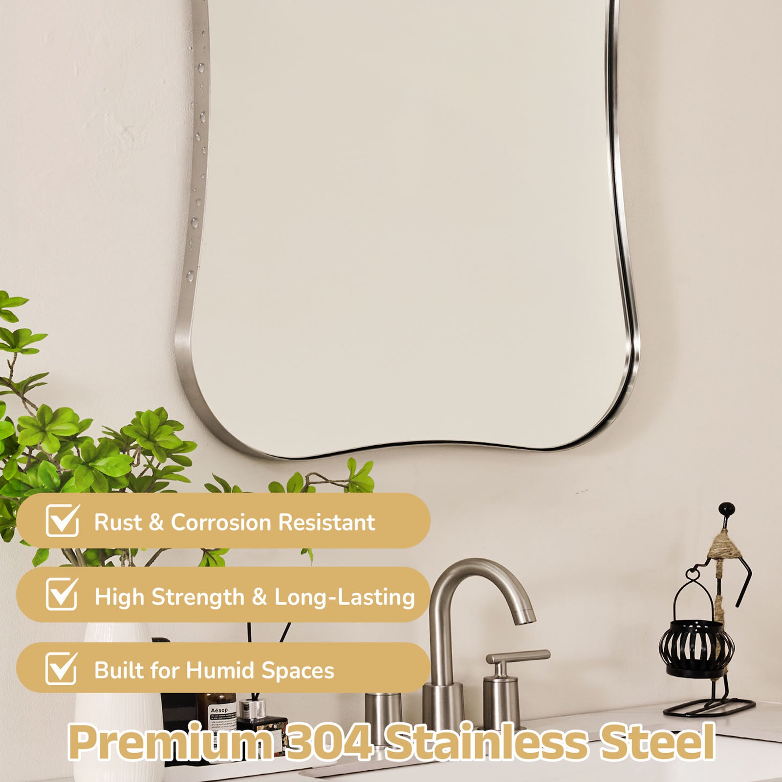 Contemporary Dual  Concave Edge Rouded Scalloped Rectangle Wall Mirror | Stainless Steel Frame