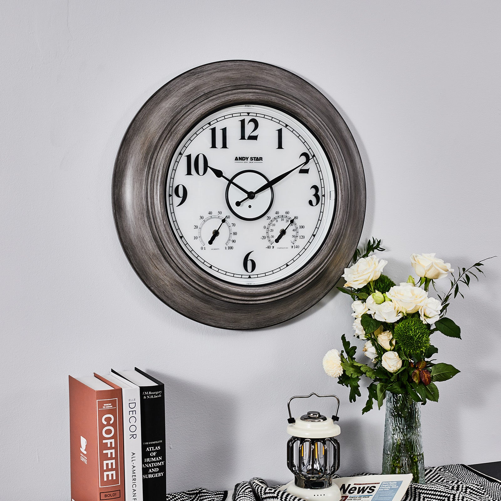 Oak 21 inch Illuminated  Outdoor Clocks with Thermometer Weatherproof  Wall Clock with Smart Sensor