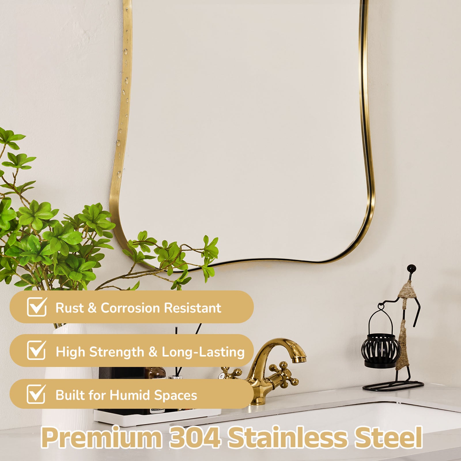 Contemporary Dual  Concave Edge Rouded Scalloped Rectangle Wall Mirror | Stainless Steel Frame
