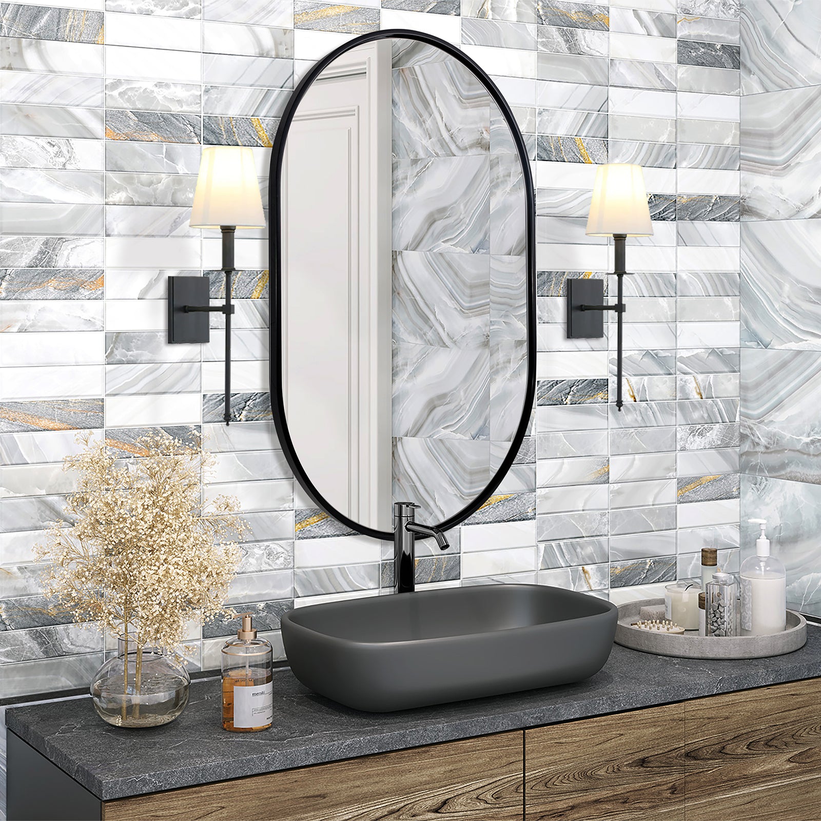 Contemporary Pill / Capsule Shaped Bathroom Wall Mirrors | Stainless Steel Framed