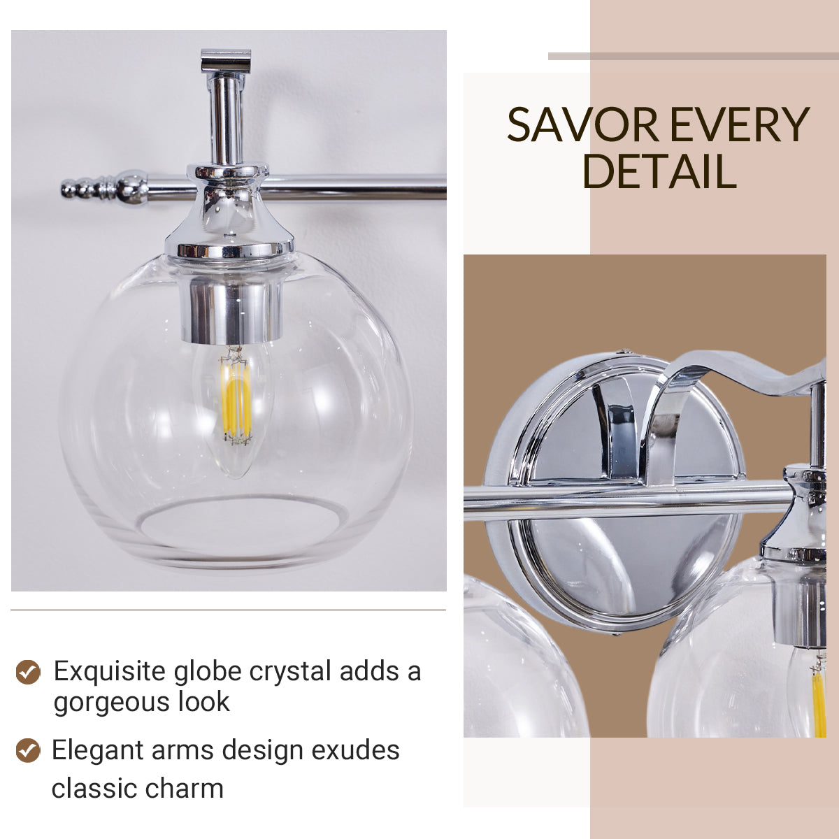 Modern Metal Crank Frame Clear Globe Glass Shade Wall Sconces for Bathroom, Living Room