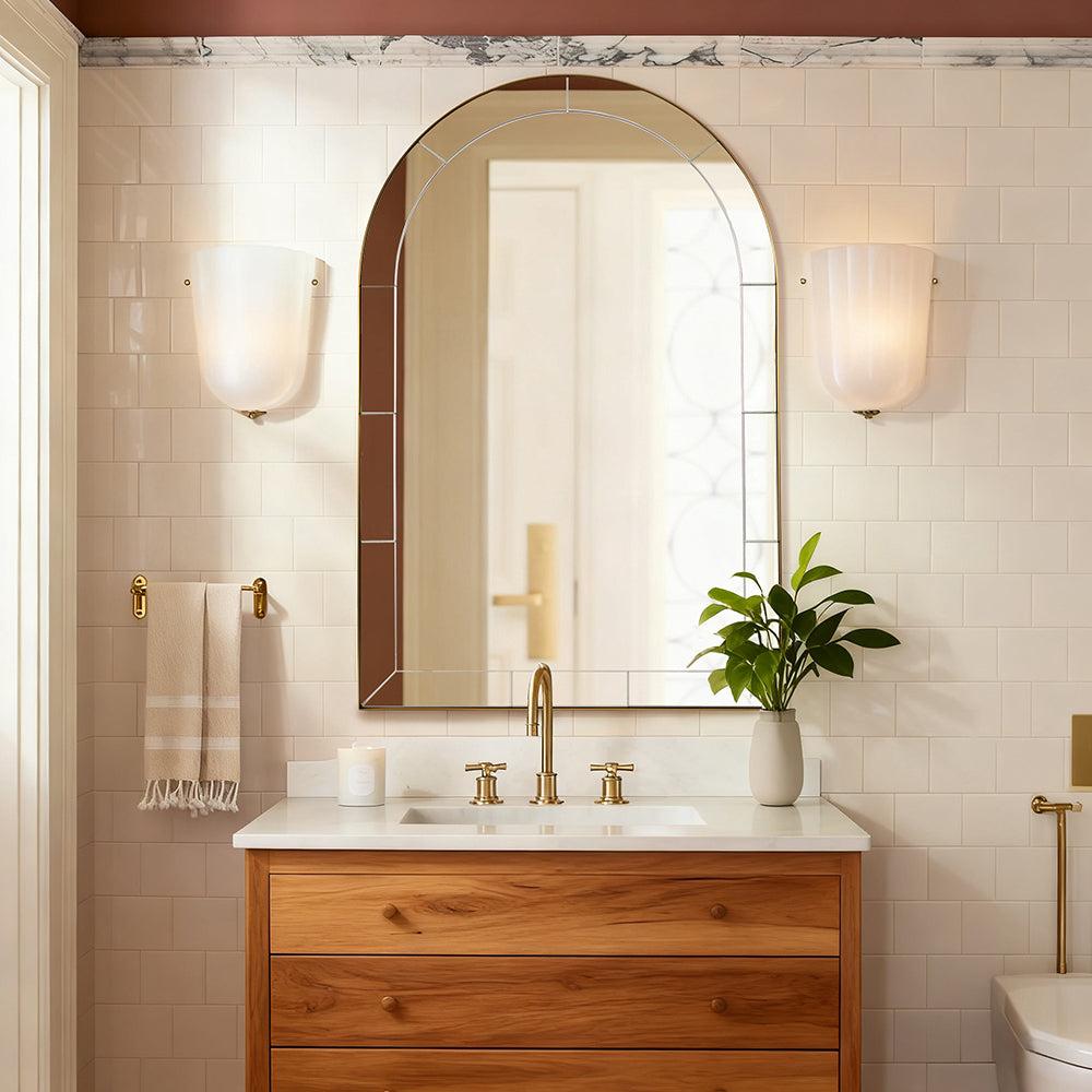 Glass Tile Edge Arched Mirror Bathroom Vanity Mirror | Stainless Steel Frame