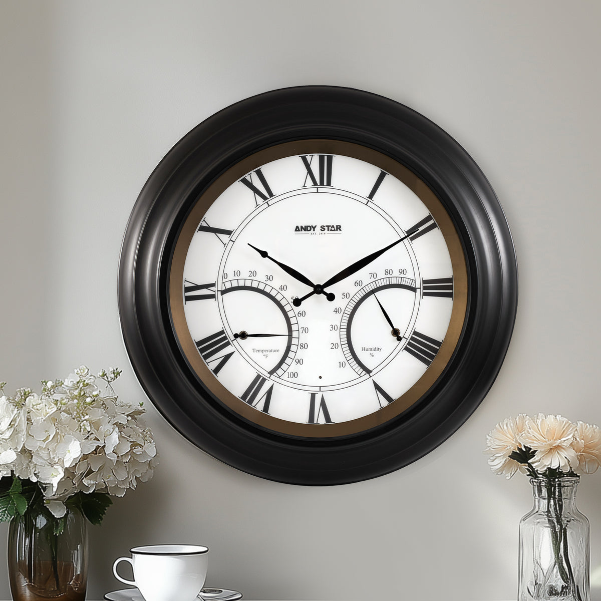 24 Inch Black Waterproof Large Outdoor Wall Clock with Thermometer