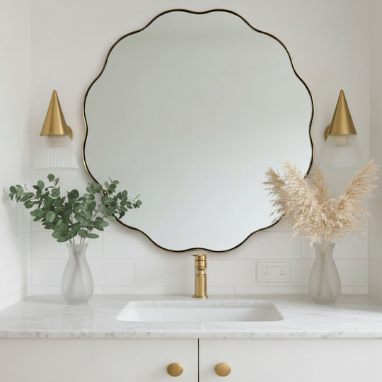 Contemporary Round Scalloped Mirror Wavy Circle Bathroom Vanity Mirror | Stainless Steel Frame