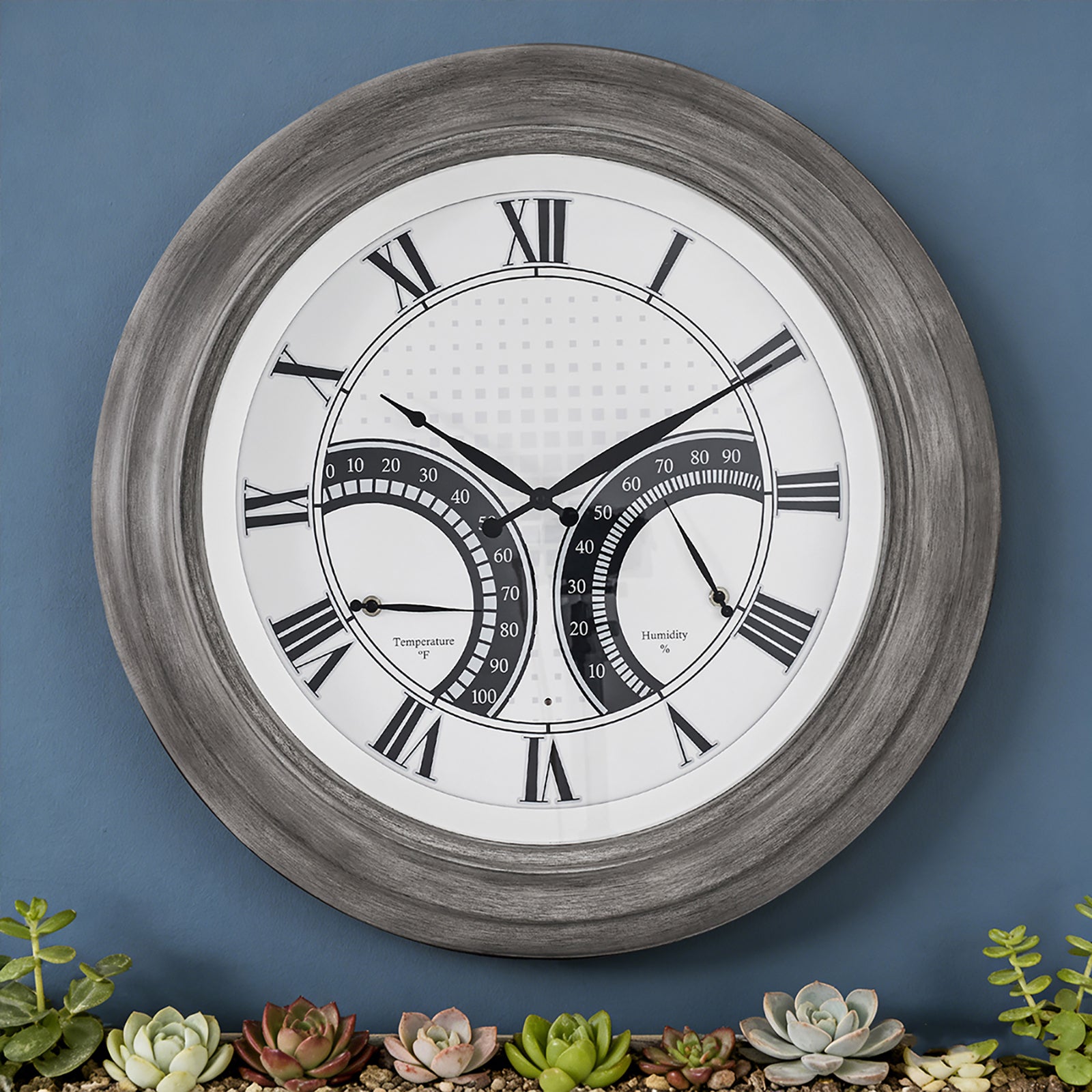 24 Inch Outdoor Wall Clock Large Waterproof Illuminated Clock with Thermometer,Square Grid Dial