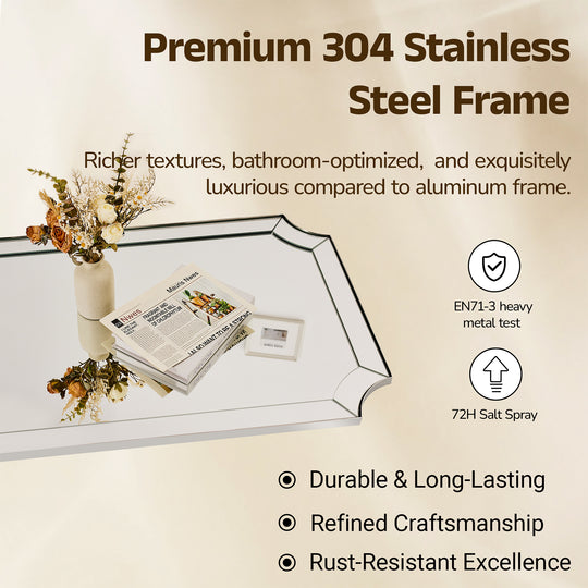 Modern Glass Tiles Edge Cut Corner Scalloped Bathroom Vanity Mirrors | Stainless Steel Frame