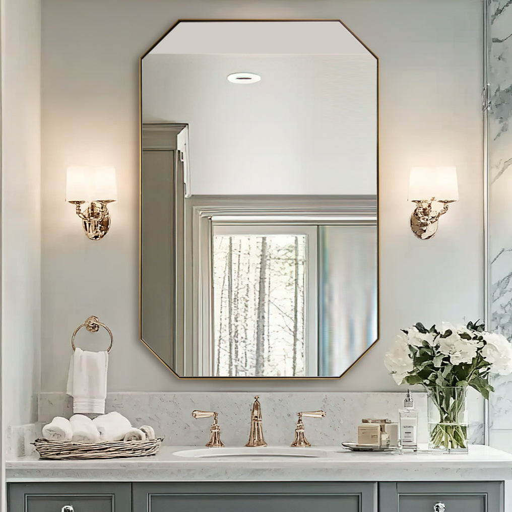 Contemporary Cut Corner Octagonal Scalloped Rectangle Mirror for Bathroom  |Stainless Steel Frame