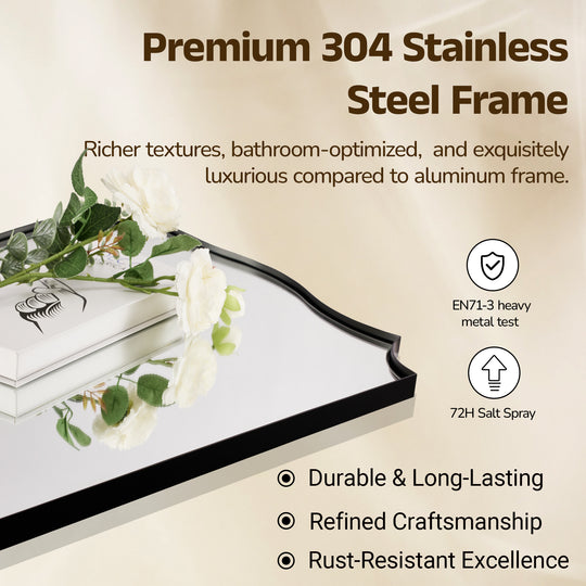Traditional Rectangle Scalloped  Wall Mirror for Bathroom | Stainless Steel Frame