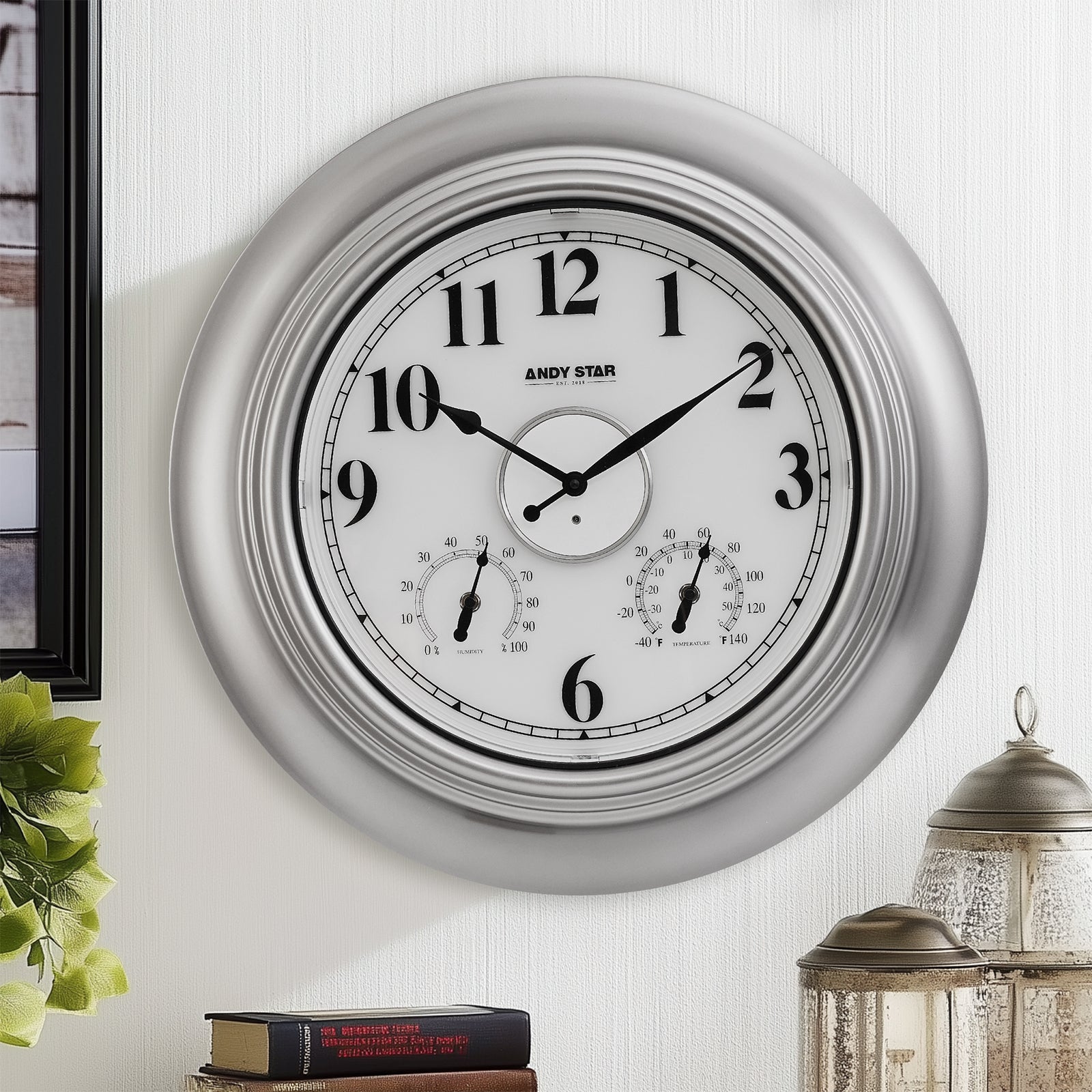 Waterproof Bathroom Wall Clock Illuminated Outdoor Clock with Thermometer Weatherproof Silver