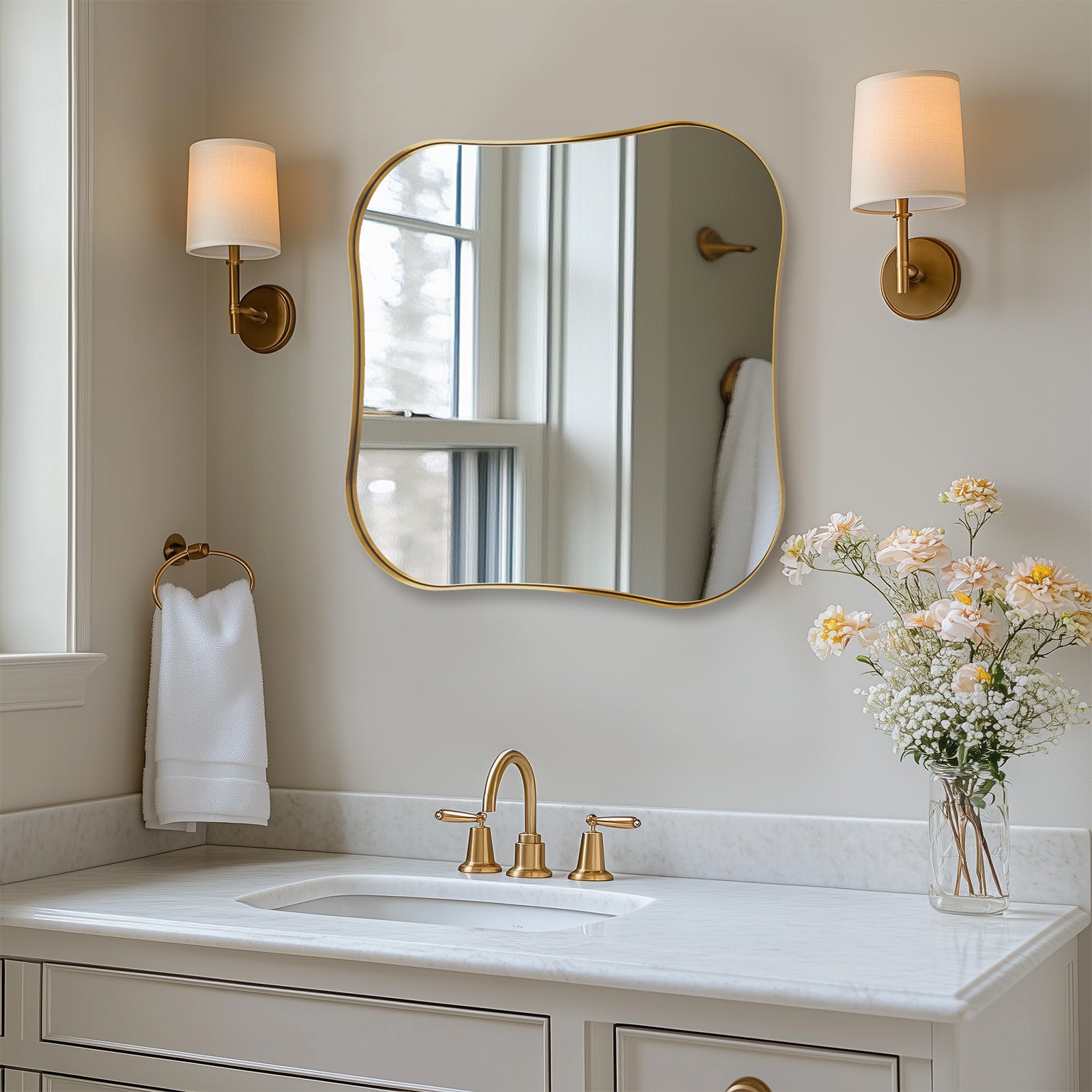 Contemporary Brushed Gold Irregular  Scalloped Square Bathroom Vanity Wall Mirrors