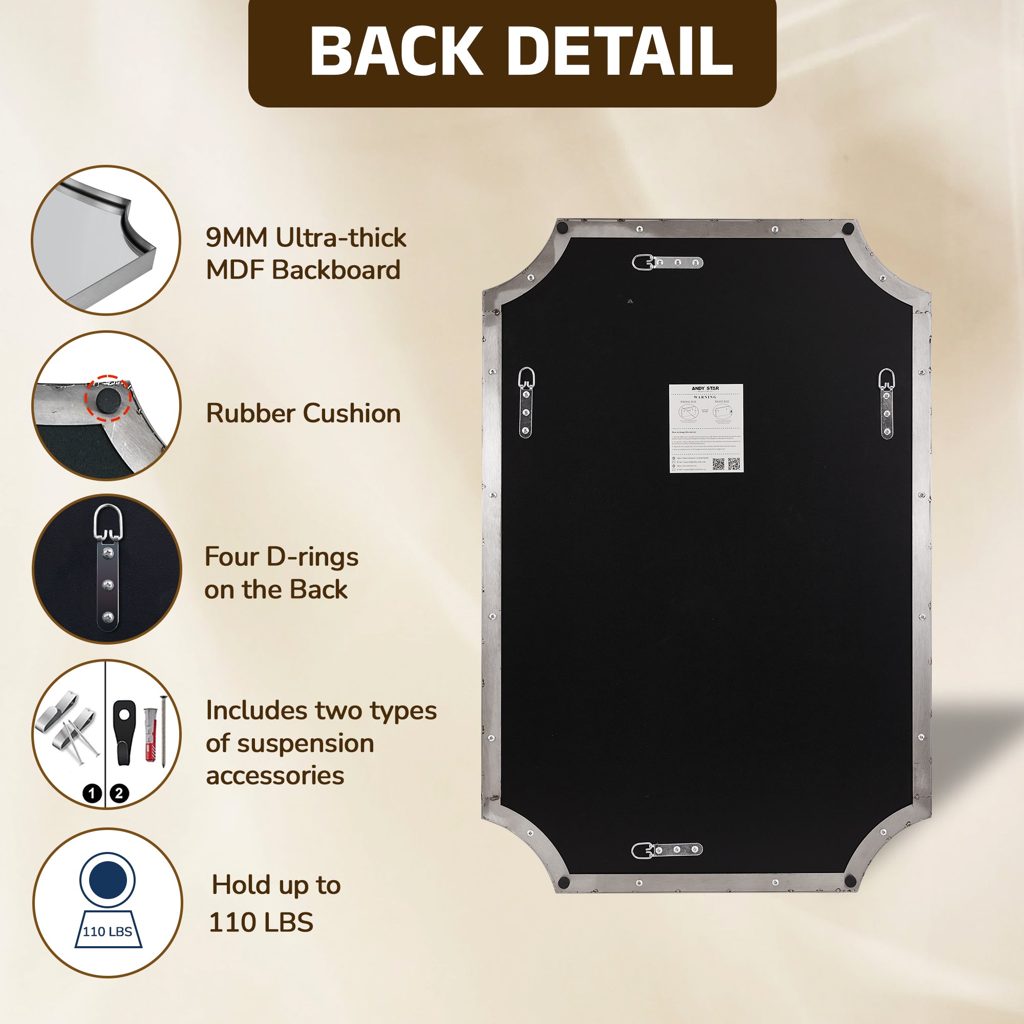 Contemporary Notched Corner Scalloped  Rectangle Bathroom Vanity Mirror | Stainless Steel Frame