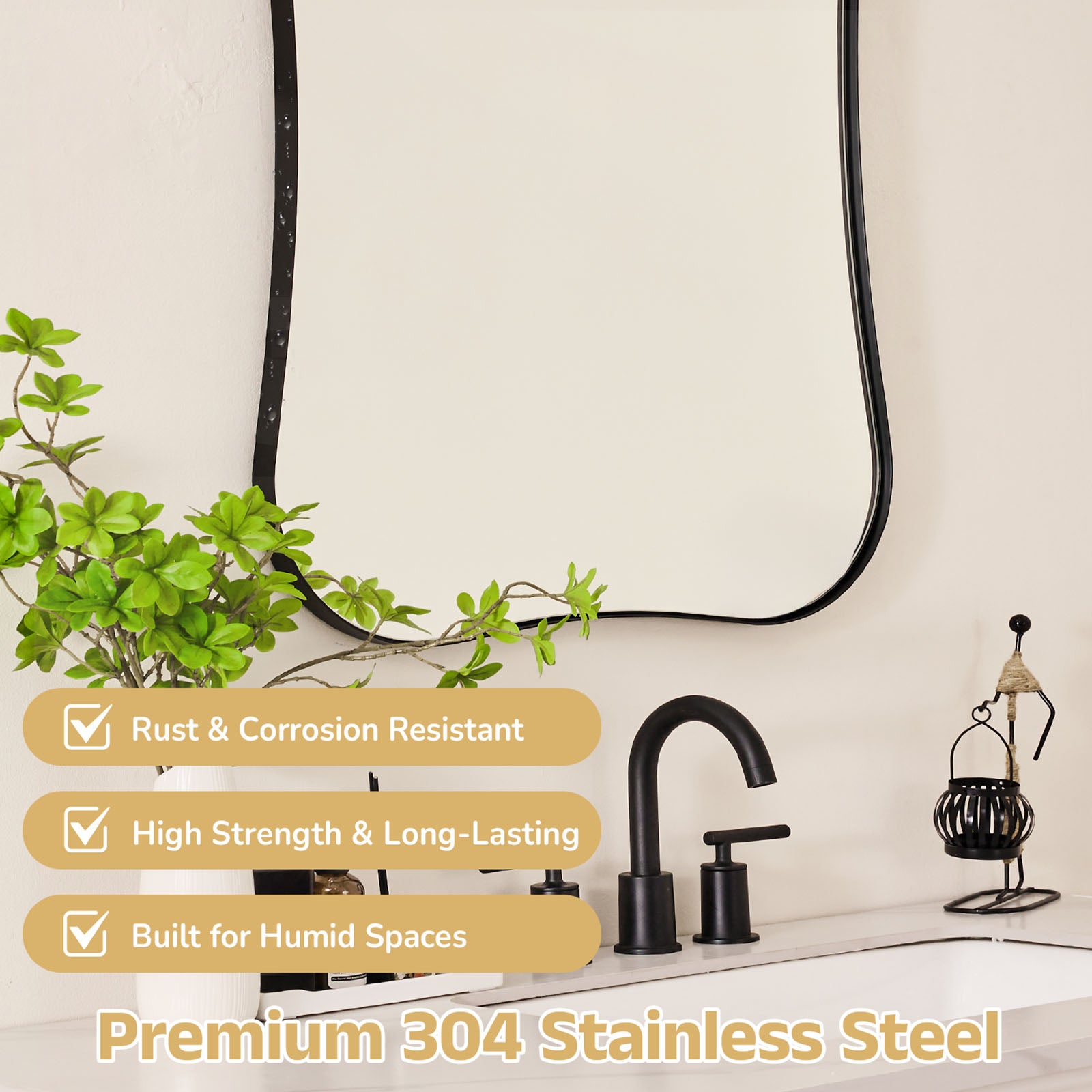 Contemporary Dual  Concave Edge Rouded Scalloped Rectangle Wall Mirror | Stainless Steel Frame