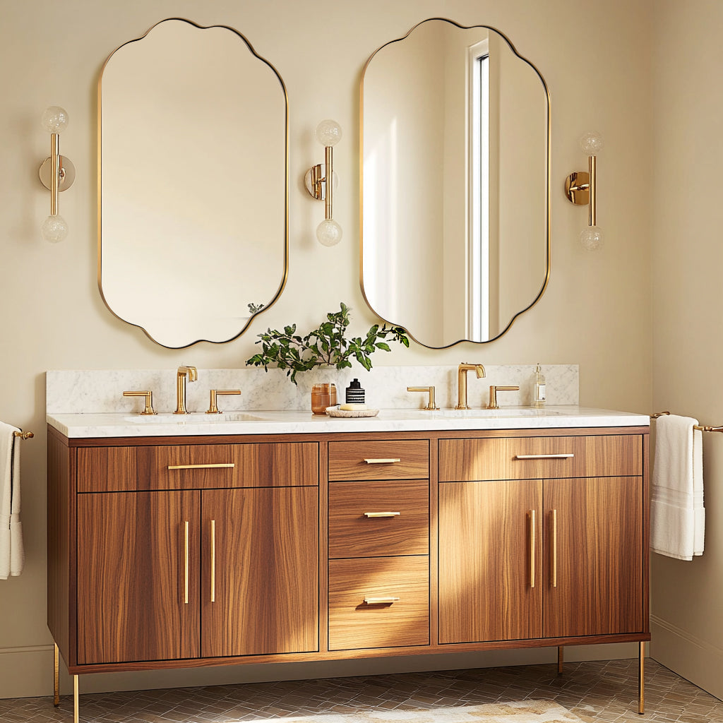 Contemporary Pill Shaped Long Oval Scalloped Bathroom Vanity Wall Mirror| Stainless Steel Framed