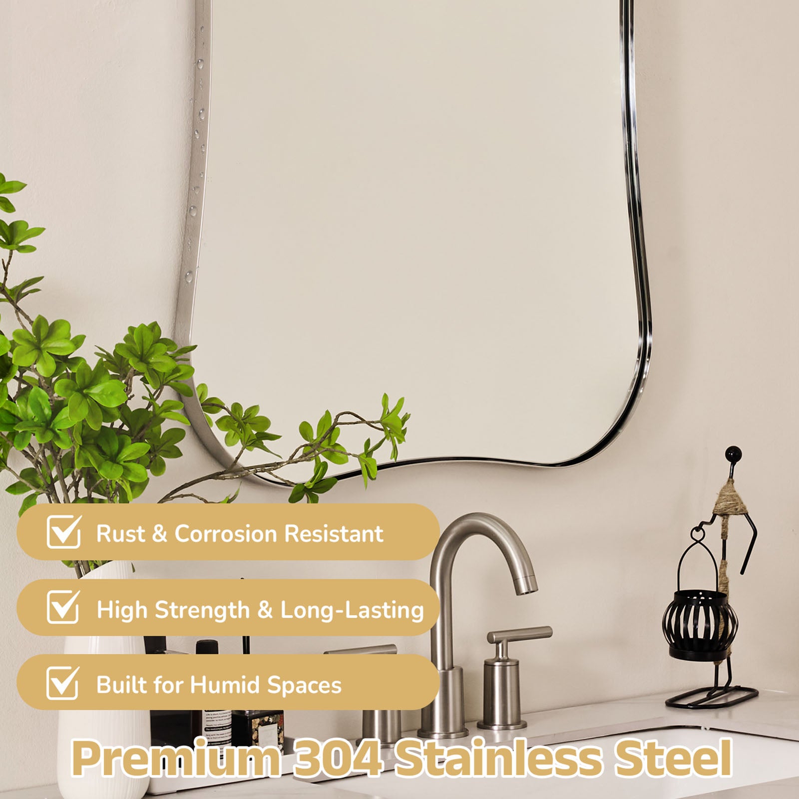 Contemporary Dual  Concave Edge Rouded Scalloped Rectangle Wall Mirror | Stainless Steel Frame