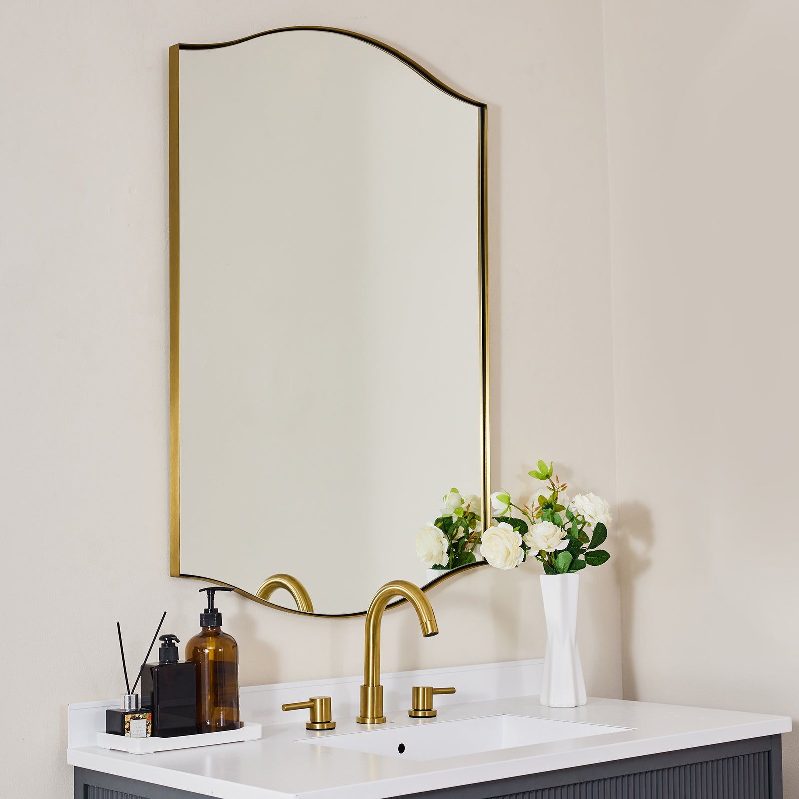 Curve Dual Arch Rectangular Scalloped  Bathroom Wall Mirror Brushed Gold |Stainless Steel Framed