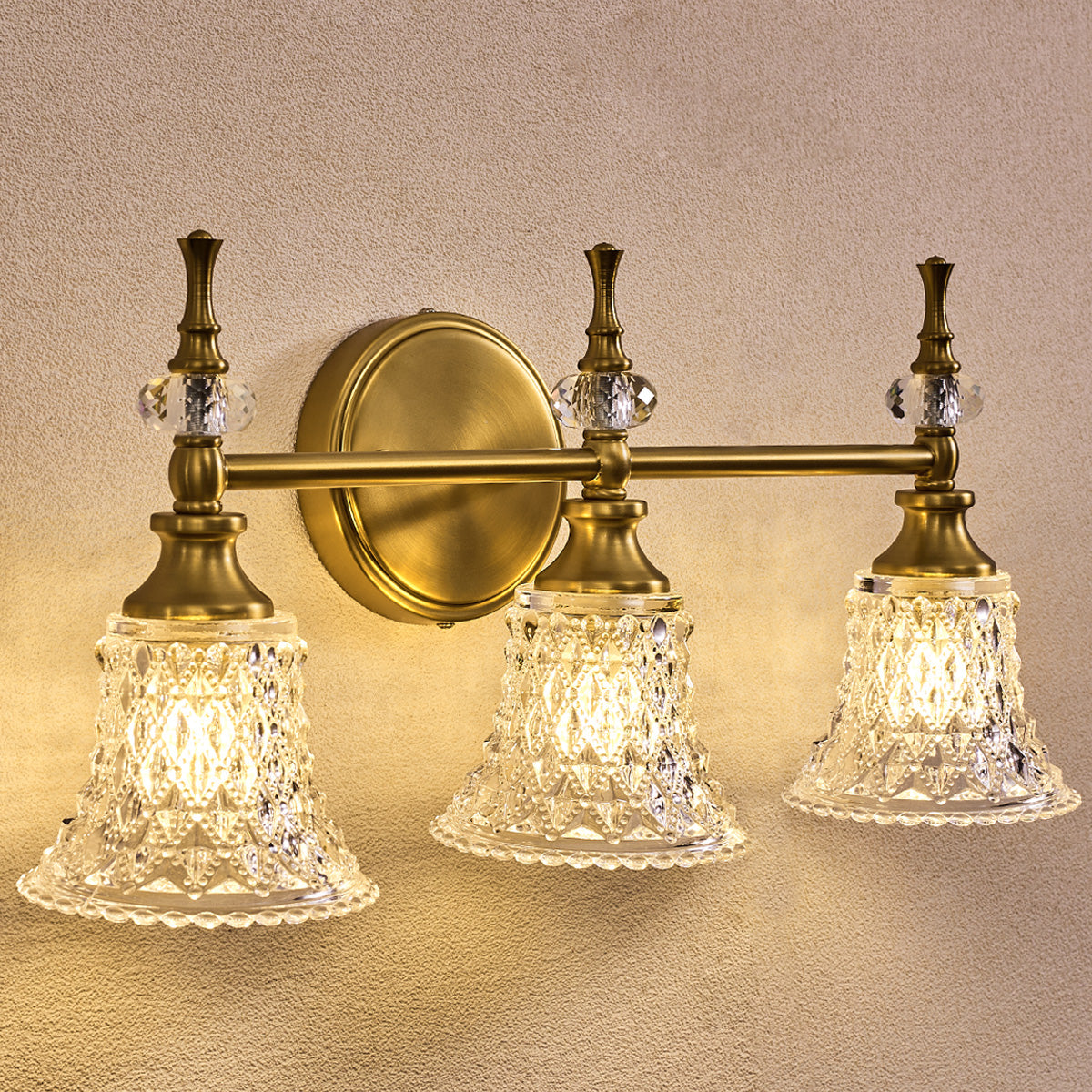 Victorian Crystal Wall Sconce Gold Bathroom Light Fixtures with Trumpet Glass Shade