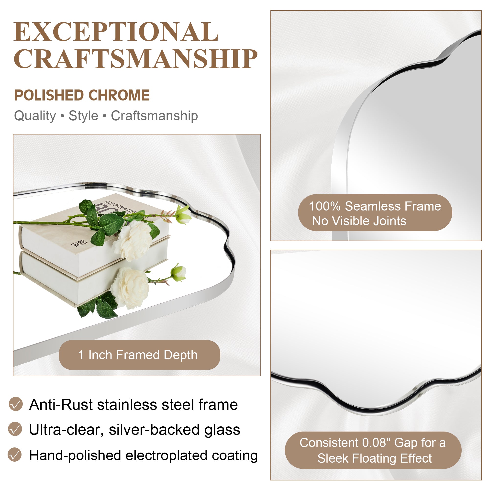 Contemporary Oval Scalloped Bathroom Vanity Wall Mirror| Stainless Steel Framed