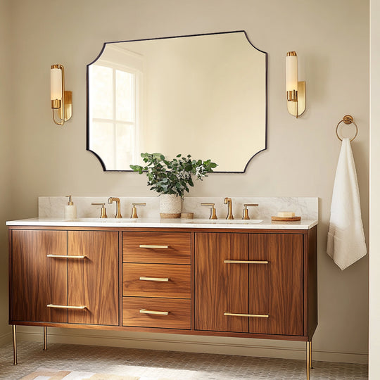 Contemporary  Rounded Notched Corner Scalloped  Rectangle Bathroom Vanity Mirror | Stainless Steel Frame
