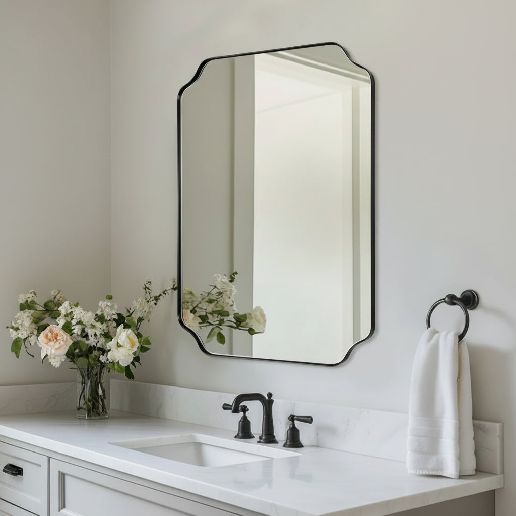Modern Cut Corner Rectangle Scalloped Mirror for Wall /Bathroom | Stainless Steel Frame