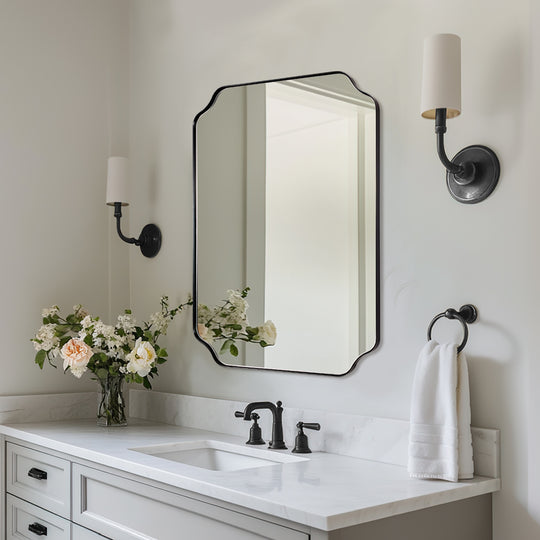 Contemporary Rounded Notched Corner Irregular Scalloped Mirror for Wall /Bathroom | Stainless Steel Frame