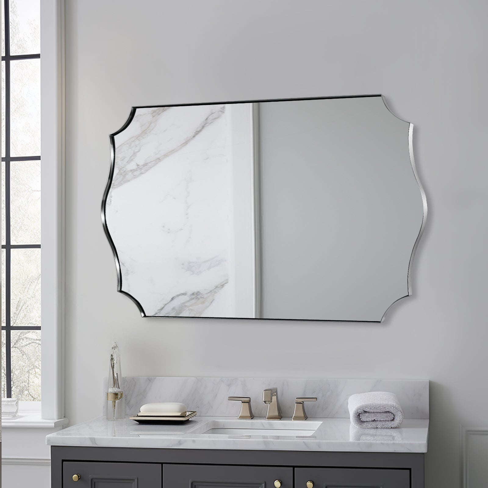 Traditional Rectangle Scalloped  Wall Mirror for Bathroom | Stainless Steel Frame