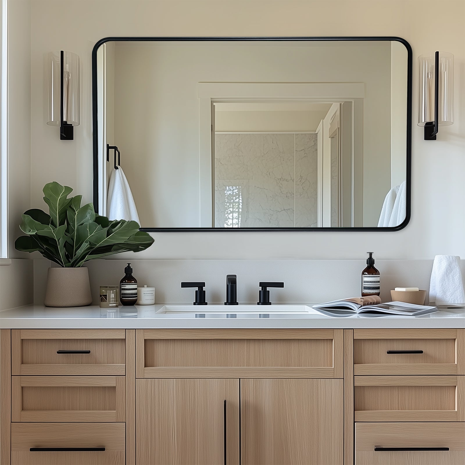 Contemporary Rounded Rectangular Bathroom Wall Mirror| U-Shaped Tube Aluminum Framed