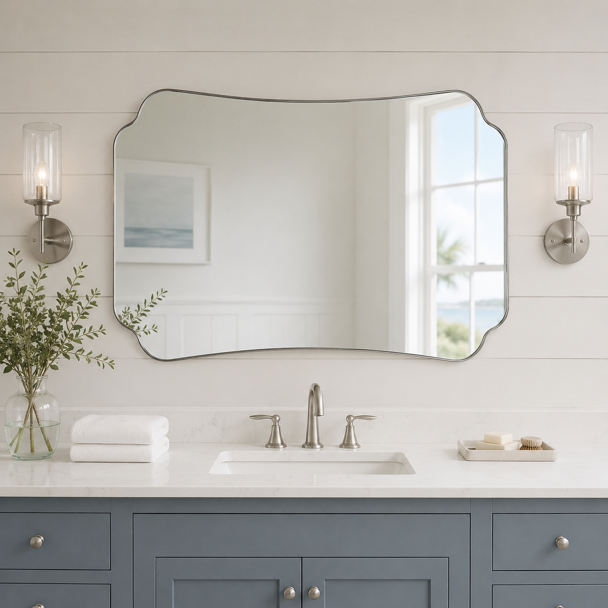 Contemporary Cut Corner Concave Edge Scalloped Bathroom Mirror | Stainless Steel Frame