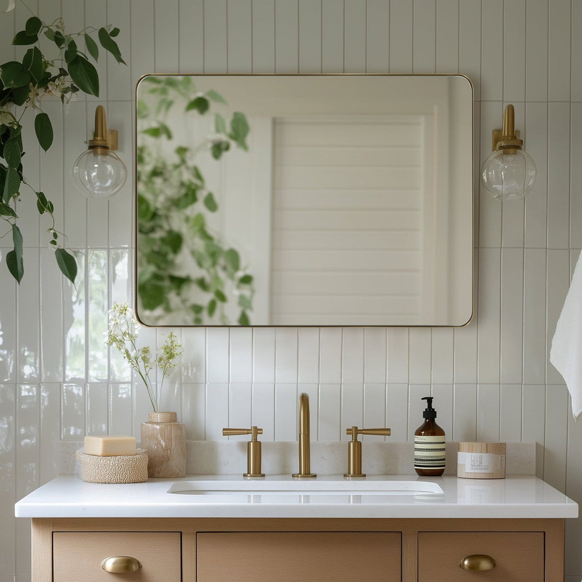 Open Box Like New : Modern Rounded Rectangle Mirror for Bathroom/ Vanity/ Wall | Stainless Steel Frame