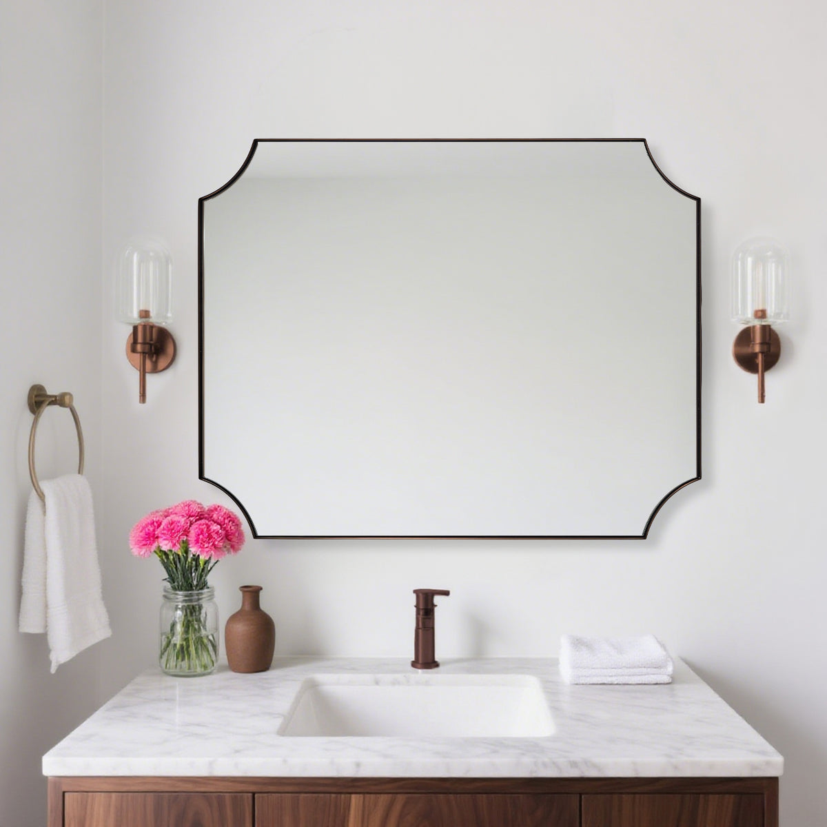 Modern Cut Corner Scalloped  Rectangle Bathroom Vanity Mirror | Stainless Steel Frame