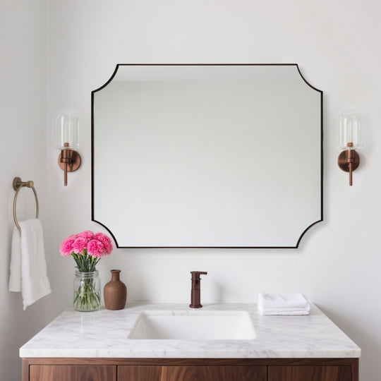 Contemporary  Rounded Notched Corner Scalloped  Rectangle Bathroom Vanity Mirror | Stainless Steel Frame